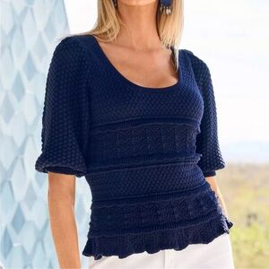 Boston Proper Crochet Detail Puff Sleeve
Sweater Navy
